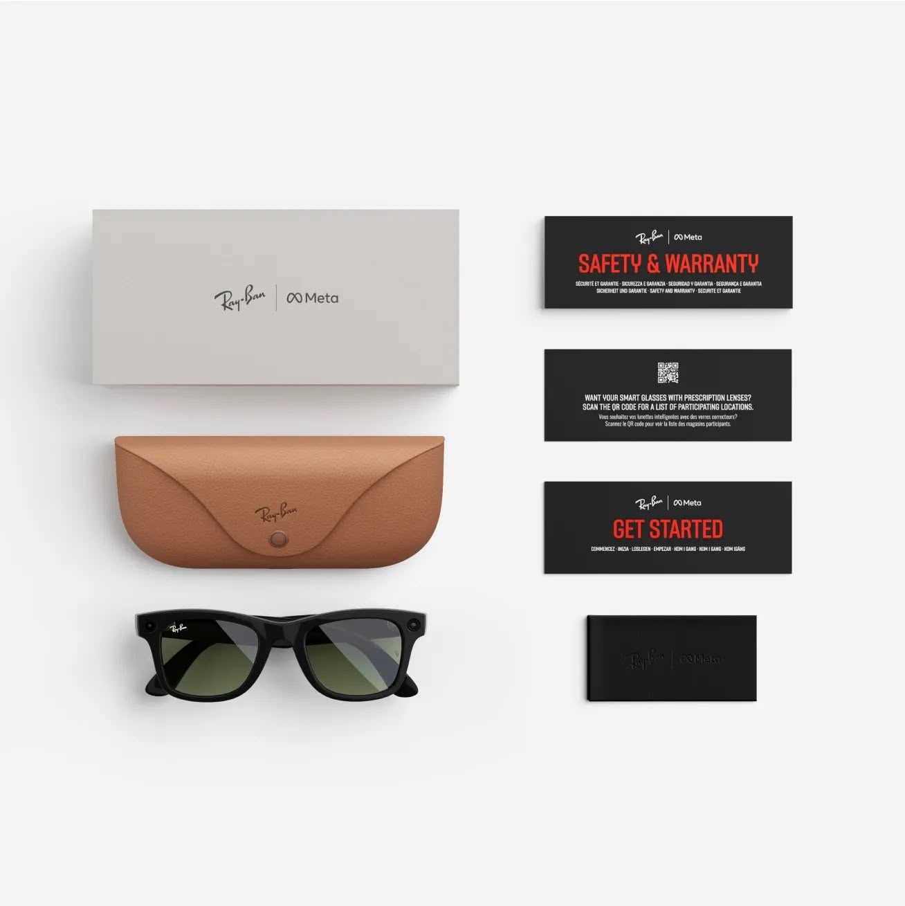 Contenido del paquete Ray-Ban Meta Wayfarer: gafas inteligentes, funda, caja, garantía y guía de inicio