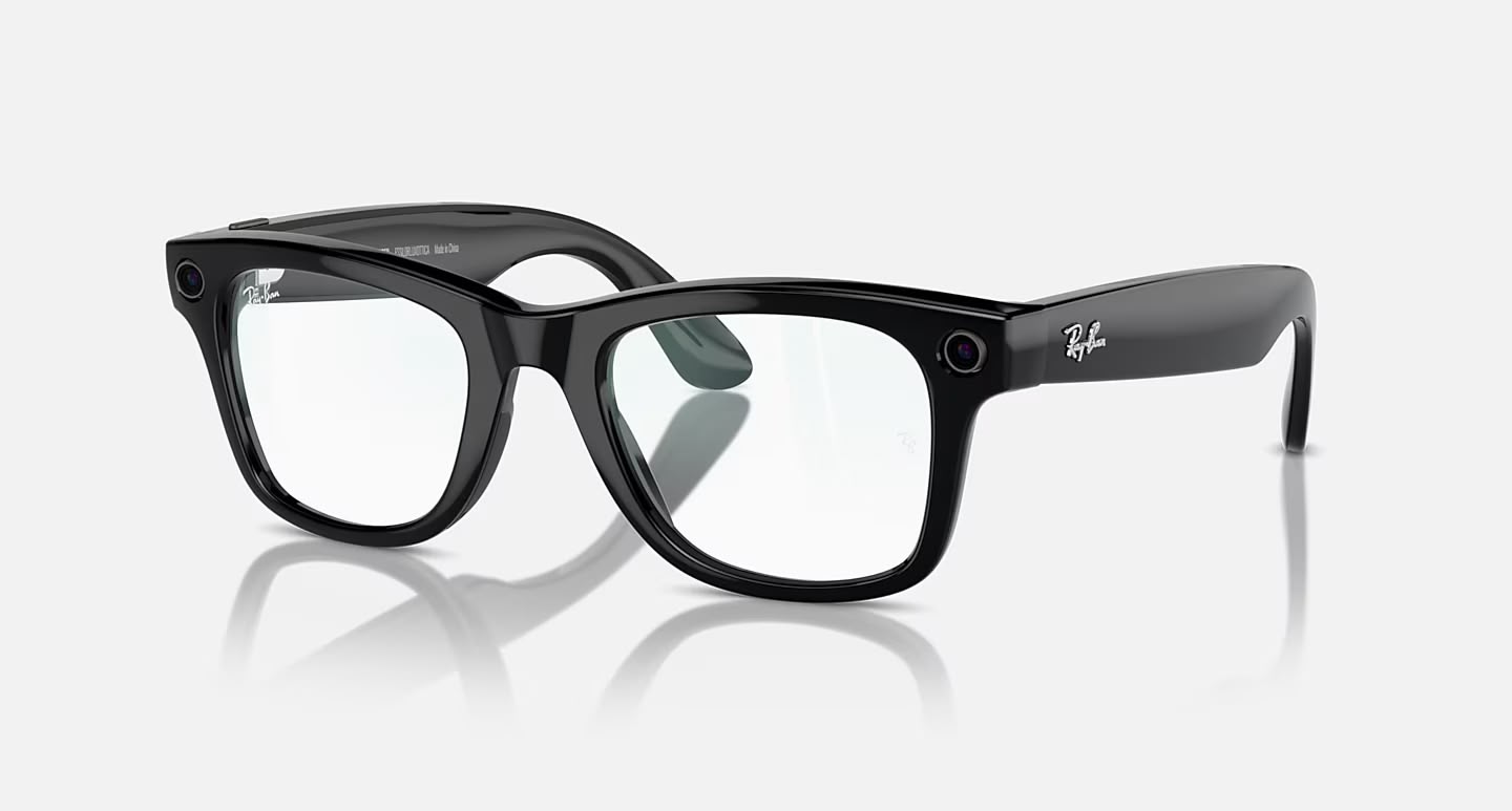 Gafas inteligentes Ray-Ban Meta Wayfarer 601/SB con cristales transparentes y tecnología de IA, montura negra brillante