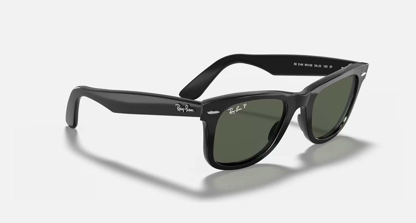 Gafas de sol Ray-Ban Wayfarer 2140 con montura negra y lentes oscuras, estilo clásico y elegante